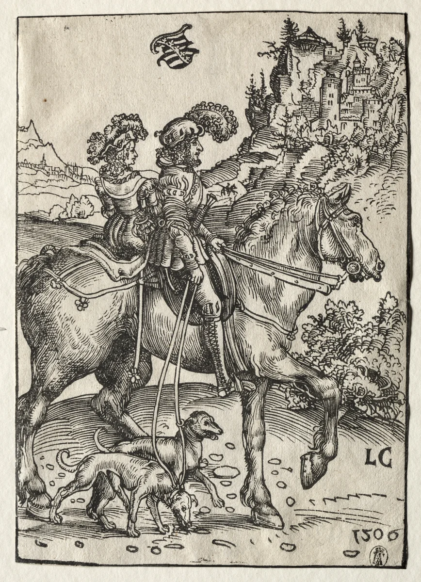 A Gentleman and a Lady Riding to the Chase by Lucas Cranach, print, 1506