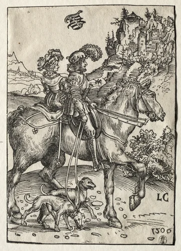 A Gentleman and a Lady Riding to the Chase by Lucas Cranach, print, 1506