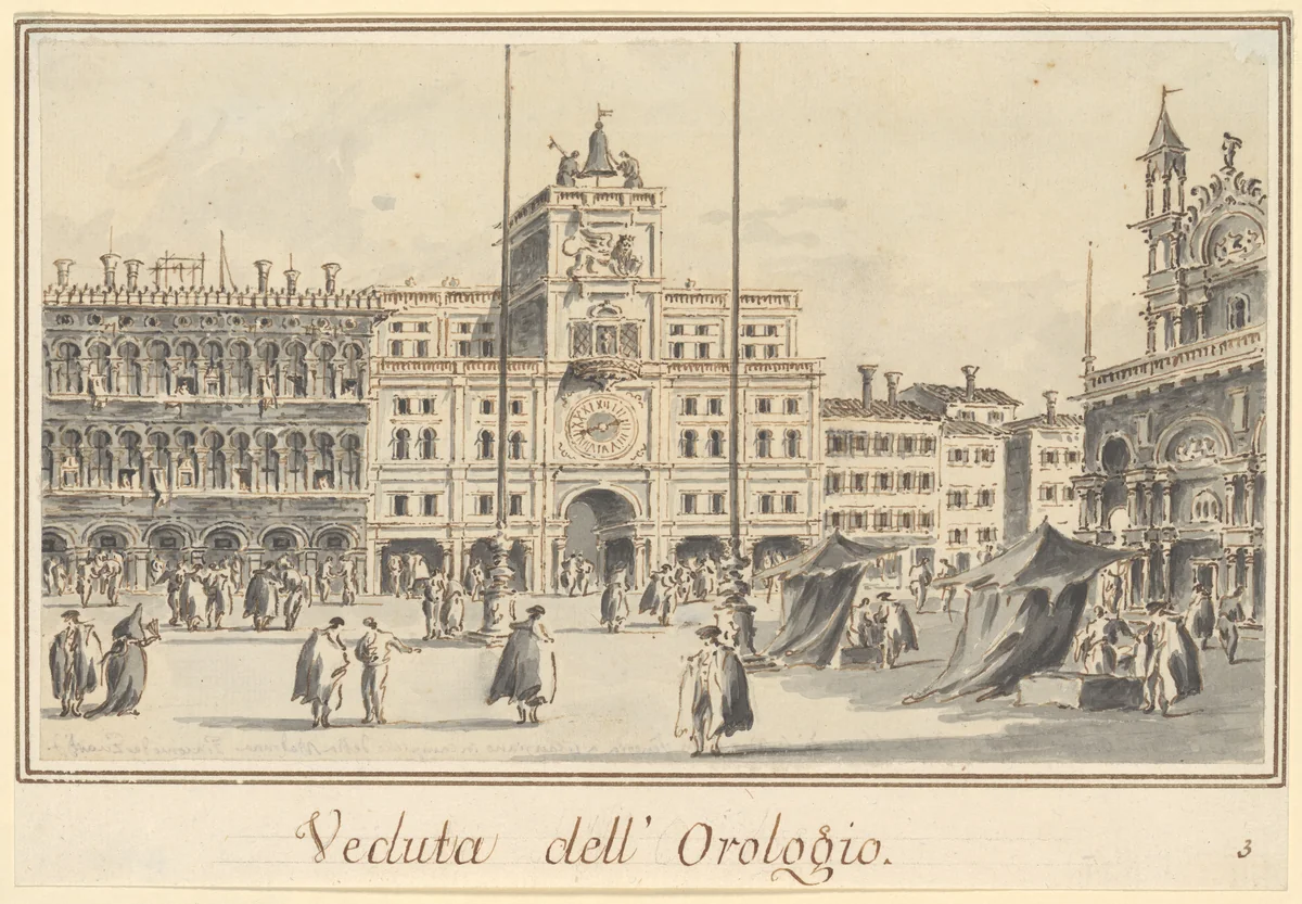 The Clock Tower of San Marco, from the Front of the Basilica by Giacomo Guardi, drawing, 1793-1818