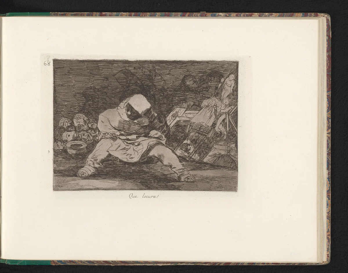 Zittende man met een lepel in de hand opmringd door schilderijen en maskers by Francisco de Goya, book, 1810-1820