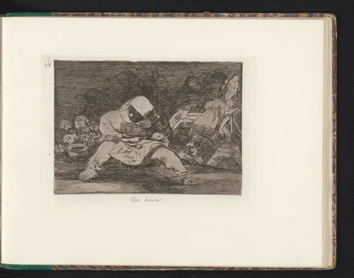 Zittende man met een lepel in de hand opmringd door schilderijen en maskers by Francisco de Goya, book, 1810-1820