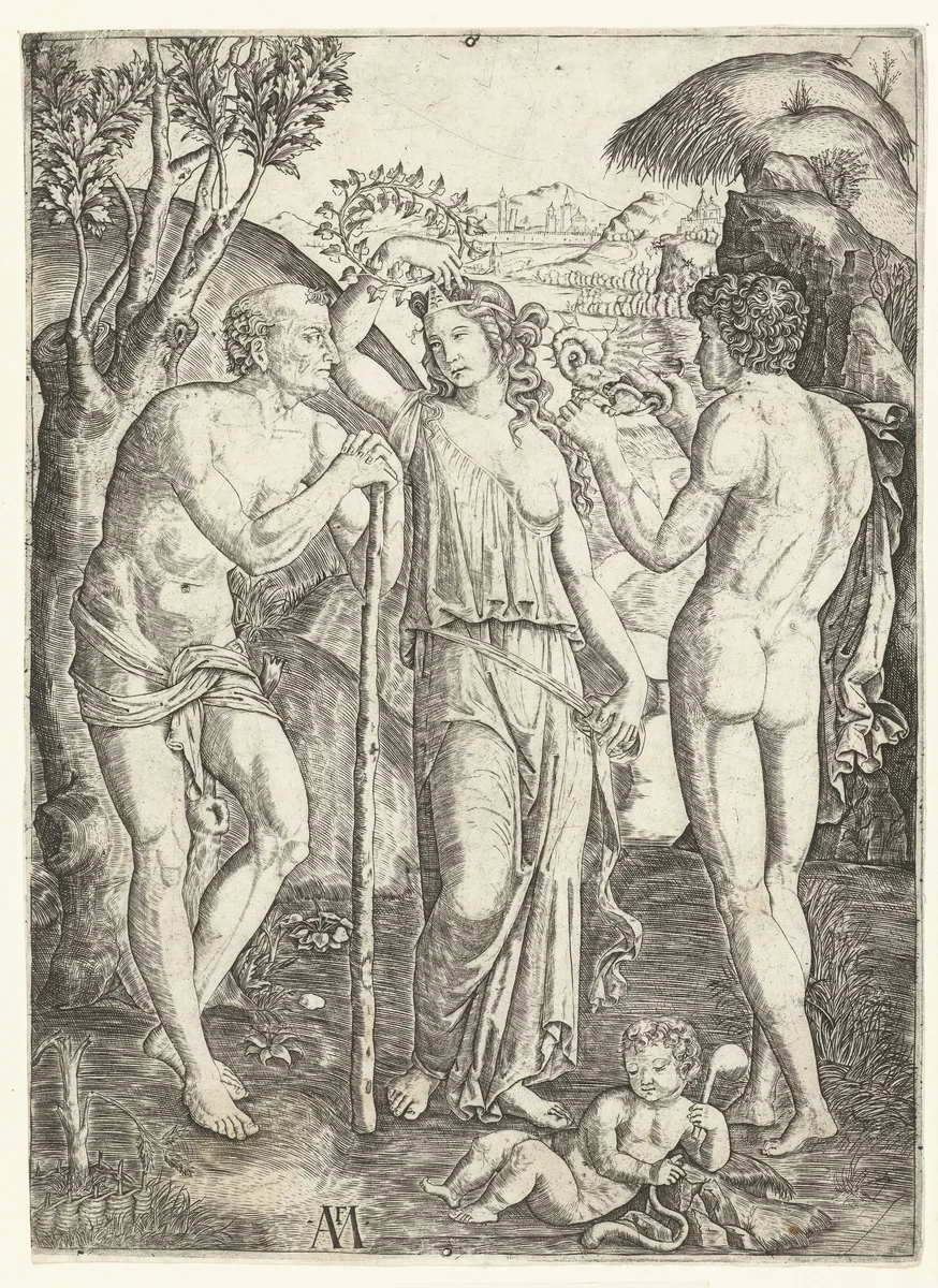 Jonge vrouw met bladerkrans staand tussen oude man leunend op stok en jonge man met draak en kind by Unknown, print, 1510-1527
