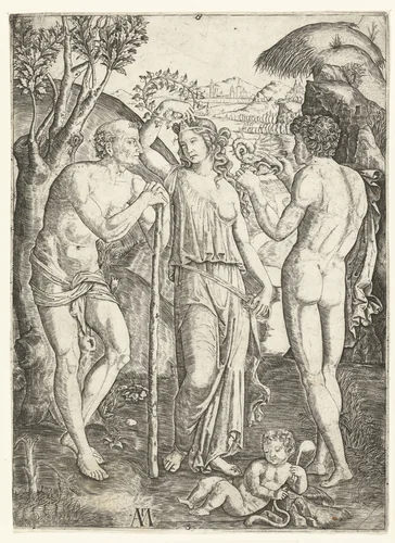 Jonge vrouw met bladerkrans staand tussen oude man leunend op stok en jonge man met draak en kind by Unknown, print, 1510-1527