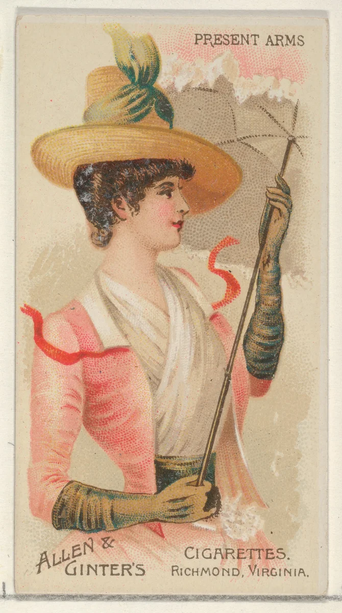 Present Arms, from the Parasol Drills series (N18) for Allen & Ginter Cigarettes Brands by Allen & Ginter, print, 1888