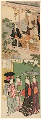 A Fan Peddler Passing Beneath a Balcony by Torii Kiyonaga (鳥居清長), print, 1781-1791
