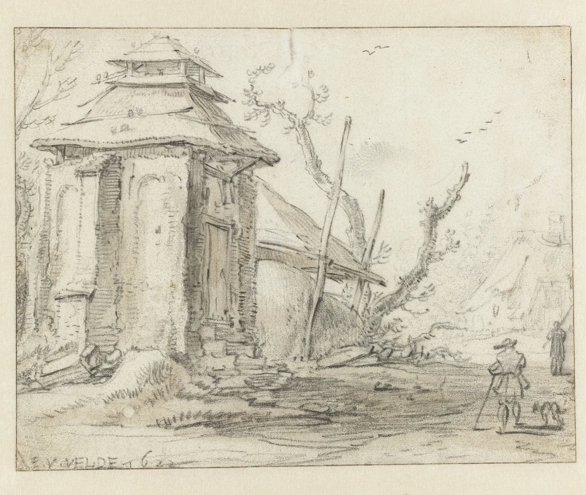 Duiventil en hooischelf by Esaias van de Velde, drawing, 1622