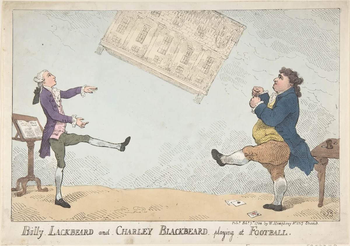 Billy Lackbeard and Charley Blackbeard playing at Football by Thomas Rowlandson, print, 1784