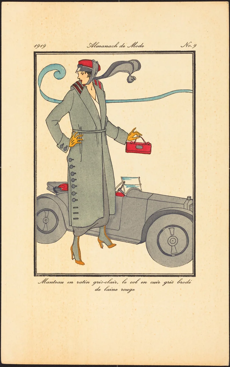 Manteau en ratin gris-clair, le col en cuir gris brodé de laine rouge by French 20th Century, print, 1919