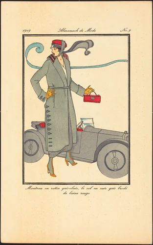Manteau en ratin gris-clair, le col en cuir gris brodé de laine rouge by French 20th Century, print, 1919