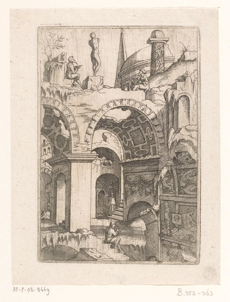 Tekenaars bij ruïnes by Unknown, print, 1550-1562