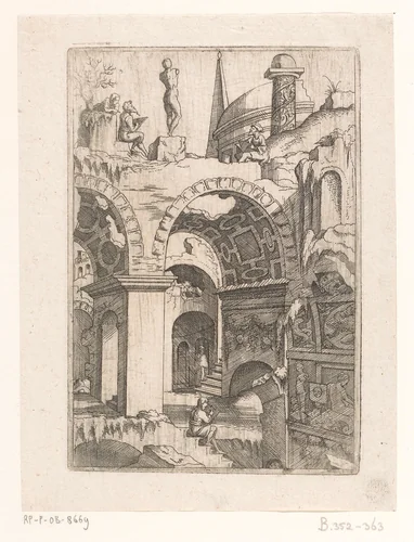 Tekenaars bij ruïnes by Unknown, print, 1550-1562