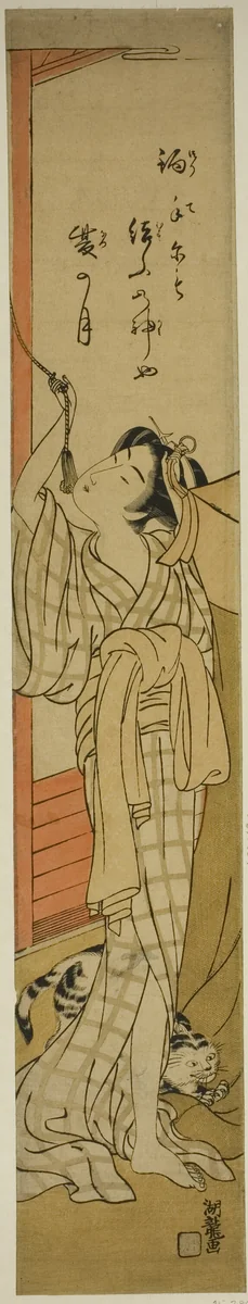 Young Woman Hanging a Mosquito Net as Cat Plays at Her Feet by Isoda Koryusai, print, 1769-1779