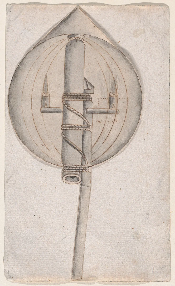 Design of fireworks: the rocket in its propelling capsule by anonymous, drawing, 1650-1750