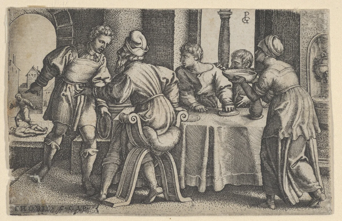 Tobias Leaving the Table, from "The Story of Tobias" by Georg Pencz, print, 1543