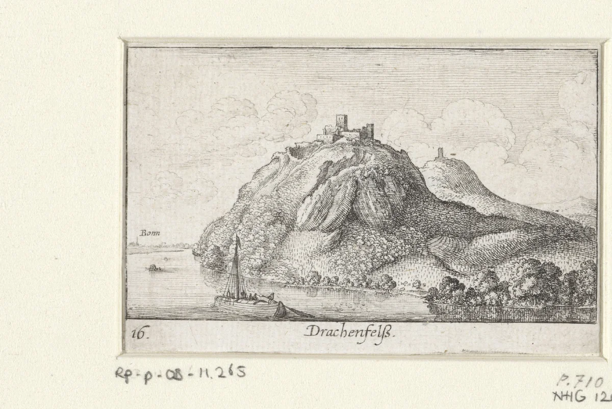 Gezicht op de Drachenfels aan de Rijn by Wenceslaus Hollar, print, 1635