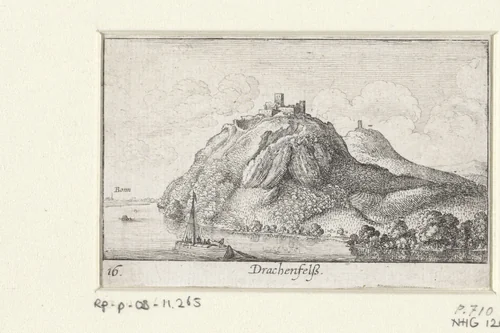 Gezicht op de Drachenfels aan de Rijn by Wenceslaus Hollar, print, 1635