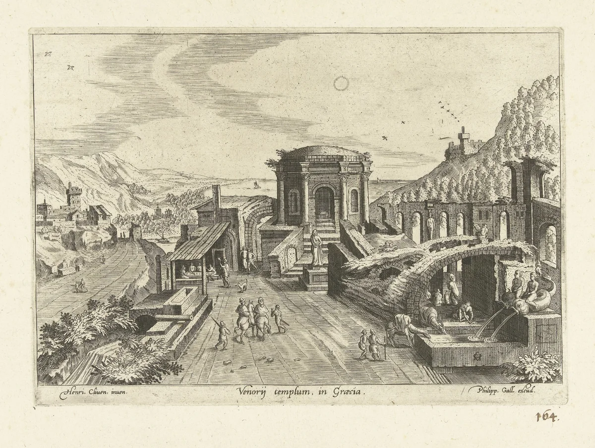 Gezicht op een ruïne van een Griekse jachttempel by anonymous, print, 1585