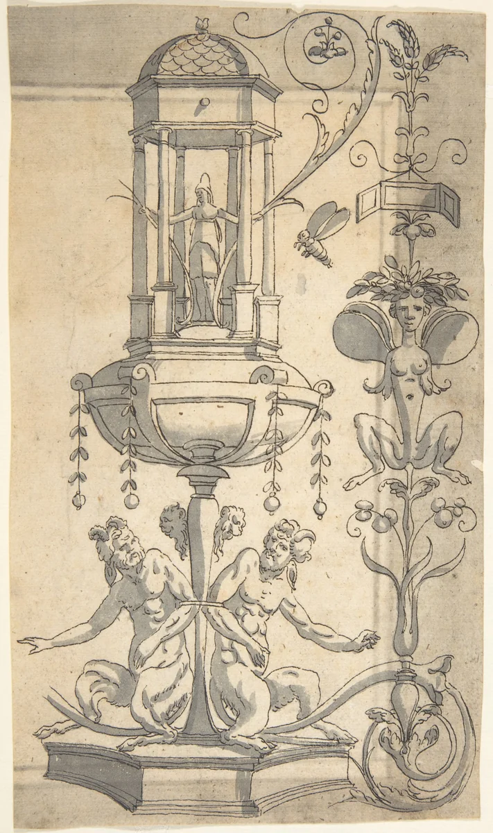Candelabra Grotesque with an Hexagonal Pavillion on a Foot by anonymous, drawing, 1540-1570