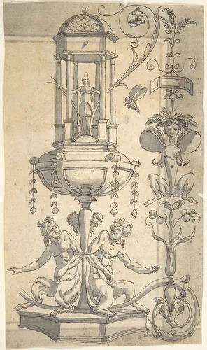 Candelabra Grotesque with an Hexagonal Pavillion on a Foot by anonymous, drawing, 1540-1570
