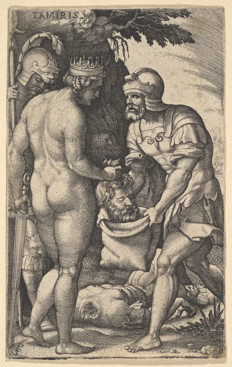 Tomyris, shown nude from behind, placing the head of Cyrus into a sack held by a soldier, the decapitated body of Cyrus on the ground at her feet, from "Four Mythological Scenes" by Georg Pencz, print, 1539