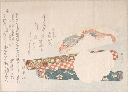 Rolls of Cloth, Cotton and Yarn by Ryūryūkyo Shinsai (柳々居辰斎), print, 1800-1899