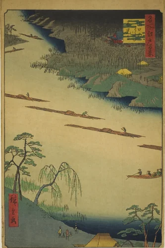 Zenkoji Temple and the Ferry at Kawaguchi (Kawaguchi no watashi Zenkoji), from the series "One Hundred Famous Views of Edo (Meisho Edo hyakkei)" by Utagawa Hiroshige (歌川広重), print, 1857