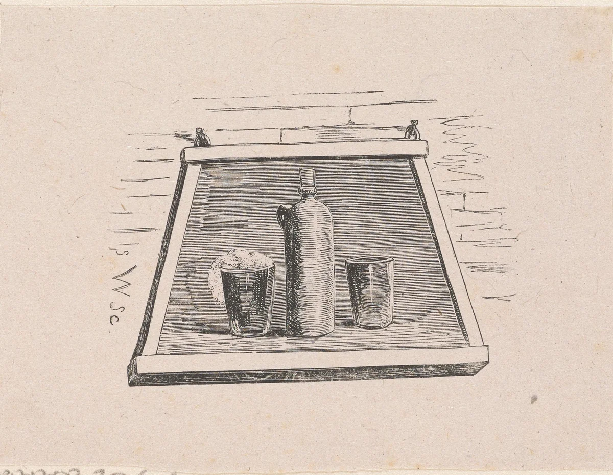 Vignet met een uithangbord met daarop een kruik en twee bekers by Isaac Weissenbruch, print, 1836-1912