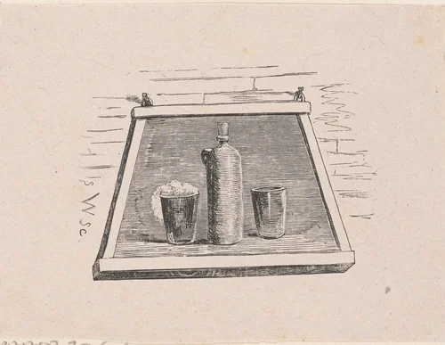 Vignet met een uithangbord met daarop een kruik en twee bekers by Isaac Weissenbruch, print, 1836-1912