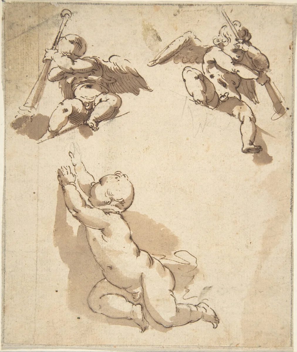 Study of a Child and Two Angels Holding Trumpets by anonymous, drawing, 1600-1700