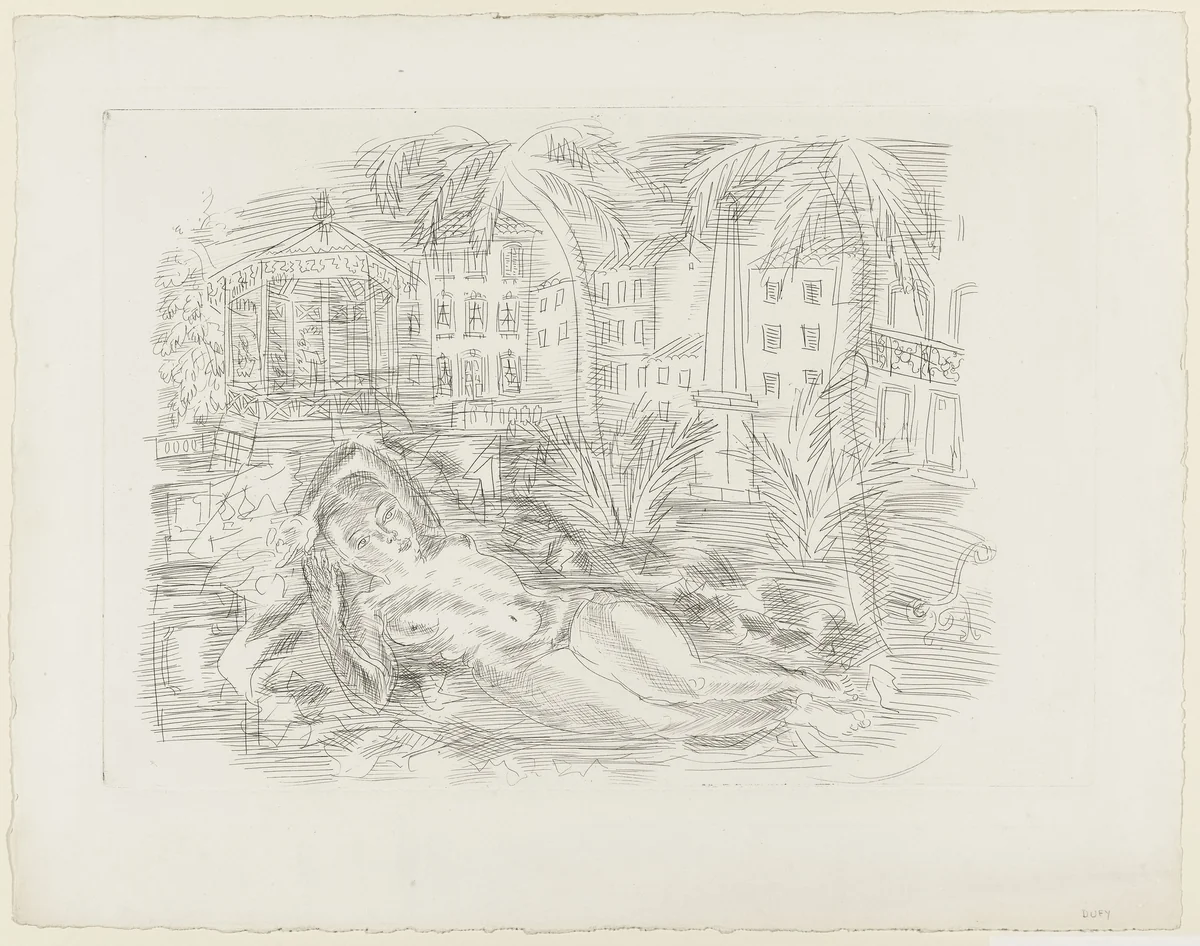 Nude Resting Under the Palm Trees with the Riviera in the Background by Raoul Dufy, print, 1930