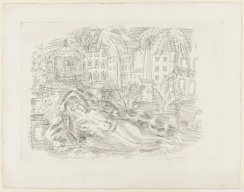 Nude Resting Under the Palm Trees with the Riviera in the Background by Raoul Dufy, print, 1930