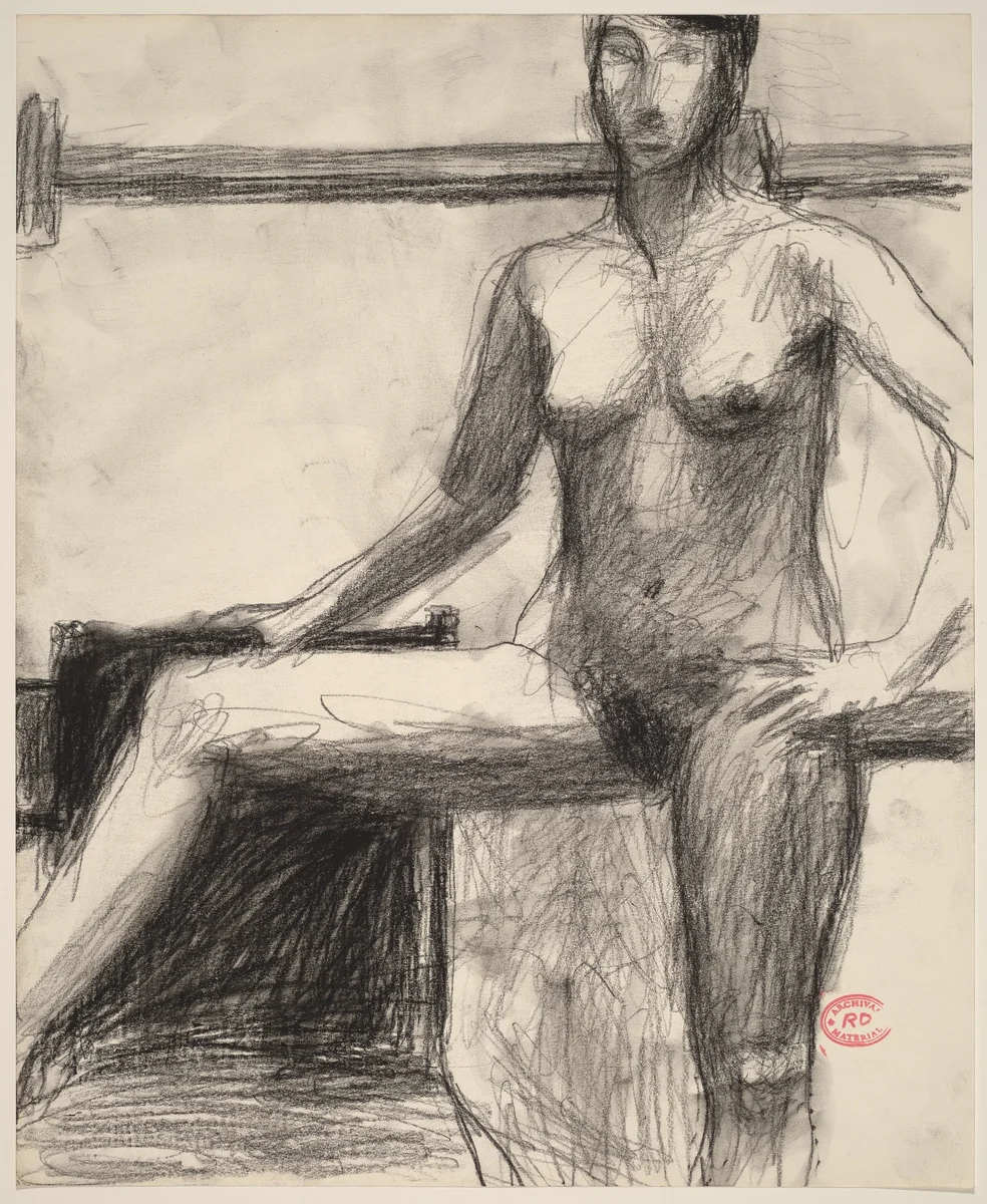 Untitled [standing female nude with right arm and leg on chair] by Richard Diebenkorn, drawing, 1955-1967