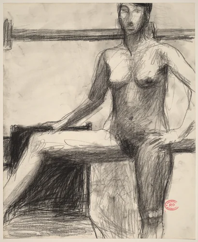 Untitled [standing female nude with right arm and leg on chair] by Richard Diebenkorn, drawing, 1955-1967