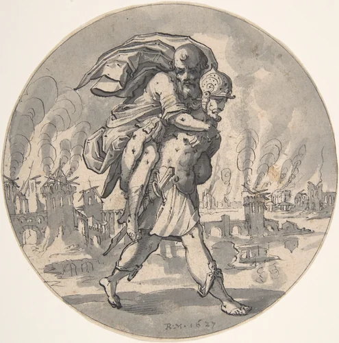Aeneas Rescues his Father from Burning Troy by Rudolf Meyer, drawing, 1627