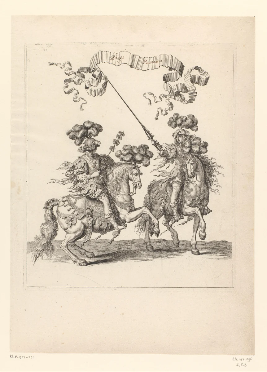 Steekspeler en bediende te paard in Romeins kostuum by François Chauveau, print, 1670