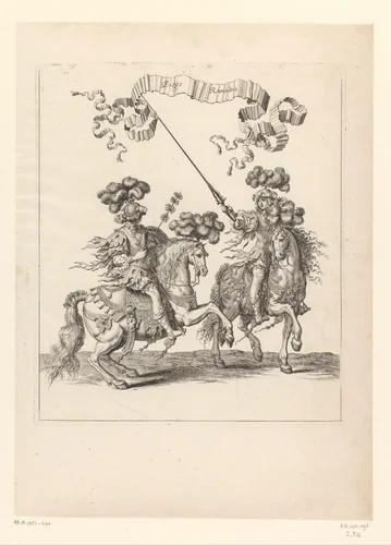 Steekspeler en bediende te paard in Romeins kostuum by François Chauveau, print, 1670