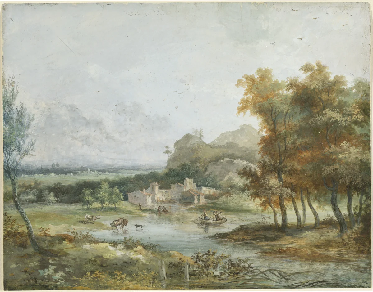 Italian Landscape with a Boating Party by Louis Gabriel Moreau, drawing, 1716-1794