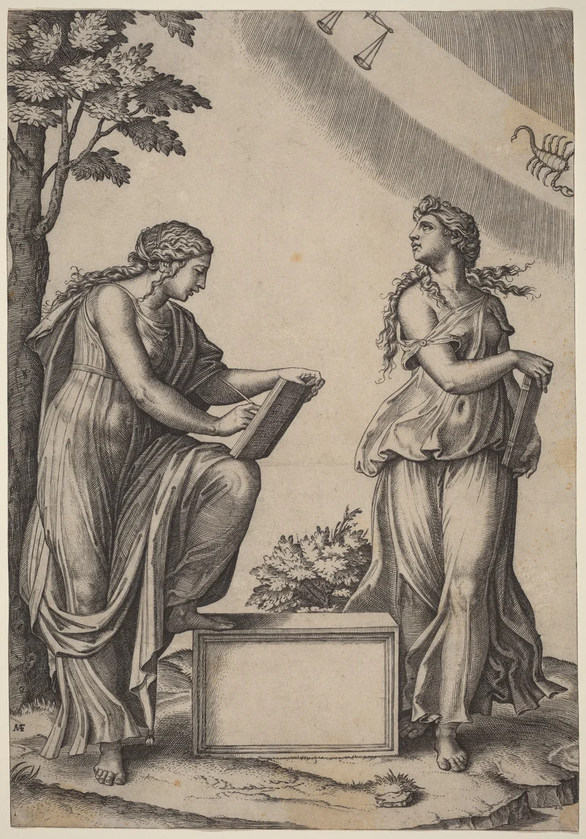 Two Women with the Zodiac by Marcantonio Raimondi, print, 1480-1534