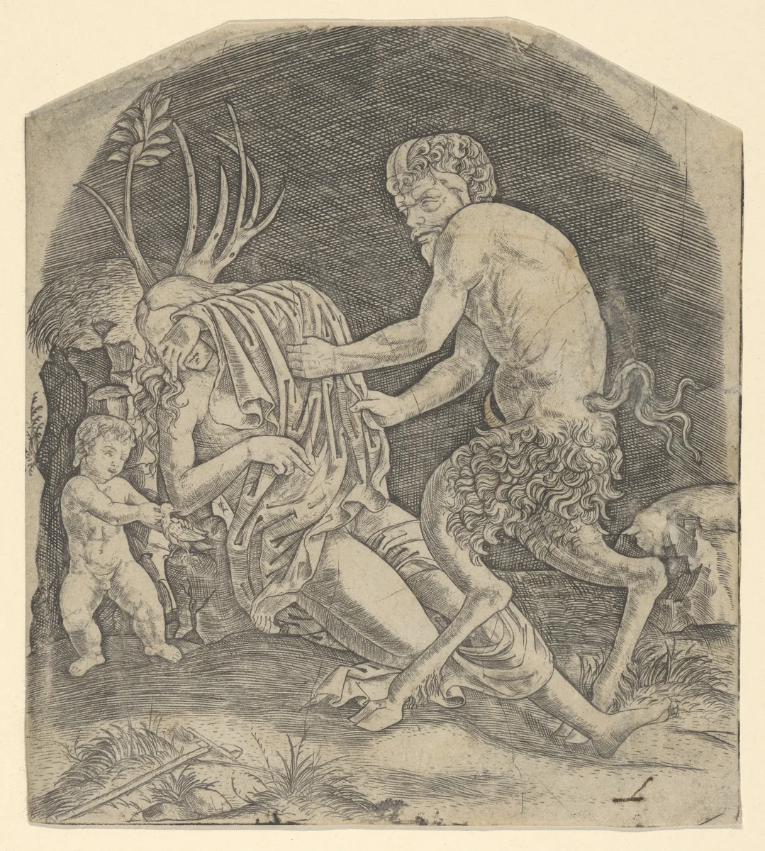 A satyr about to remove drapery covering a Nymph by Marcantonio Raimondi, print, 1505-1515