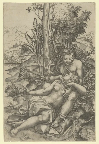 Medor and Angelica from Lodovico Ariosto's 'Orlando Furioso' or Venus and Adonis embracing, set within a landscape by Marcantonio Raimondi, print, 1505-1515