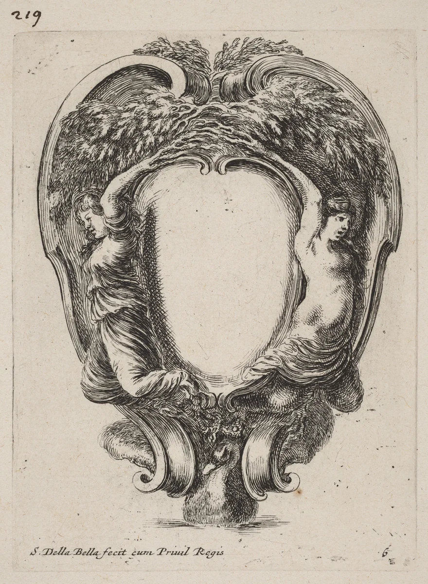Cartouche with Two Nymphs Metamorphosed into Trees by Stefano della Bella, print, 1647