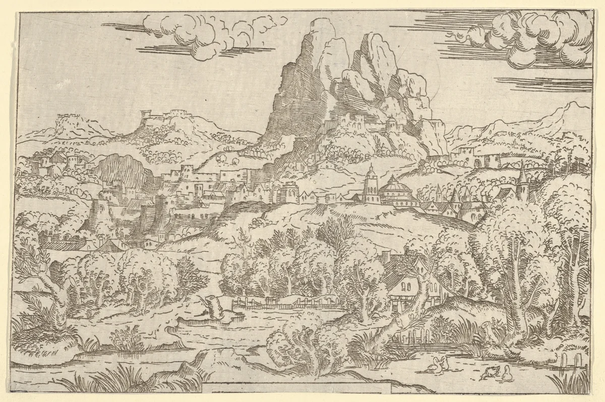 Landscape from "Venus Pushing Cupid" frame by Antonio Fantuzzi, print, 1540-1545
