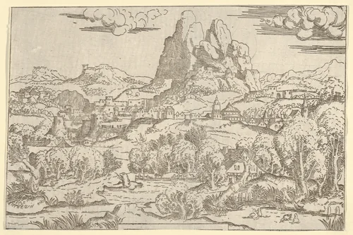 Landscape from "Venus Pushing Cupid" frame by Antonio Fantuzzi, print, 1540-1545