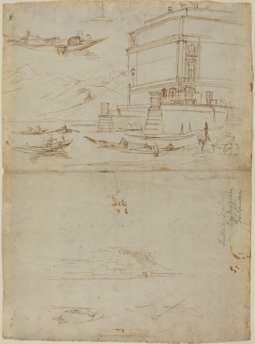 Studies of Lago Maggiore and and the Entrance to a Palazzo by Gaspar van Wittel, drawing, 1700