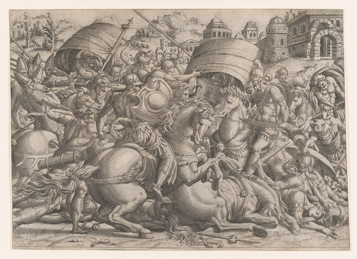 Battle Before Troy by Jean Mignon, print, 1535-1555