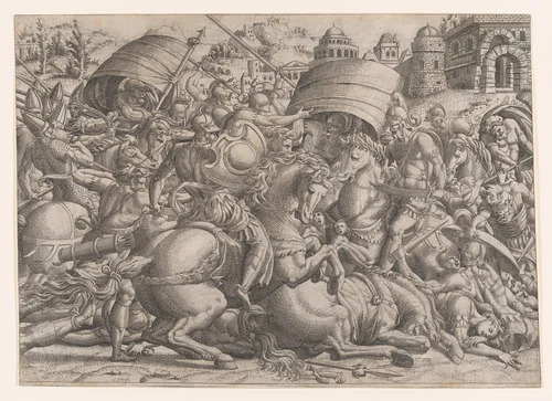 Battle Before Troy by Jean Mignon, print, 1535-1555
