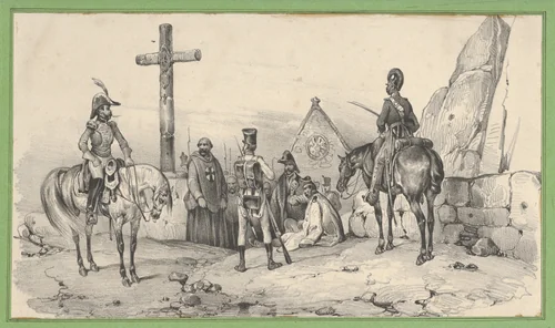 Soldiers gathered in front of a church with priests and a crucifix by Victor Adam, print, 1820-1866