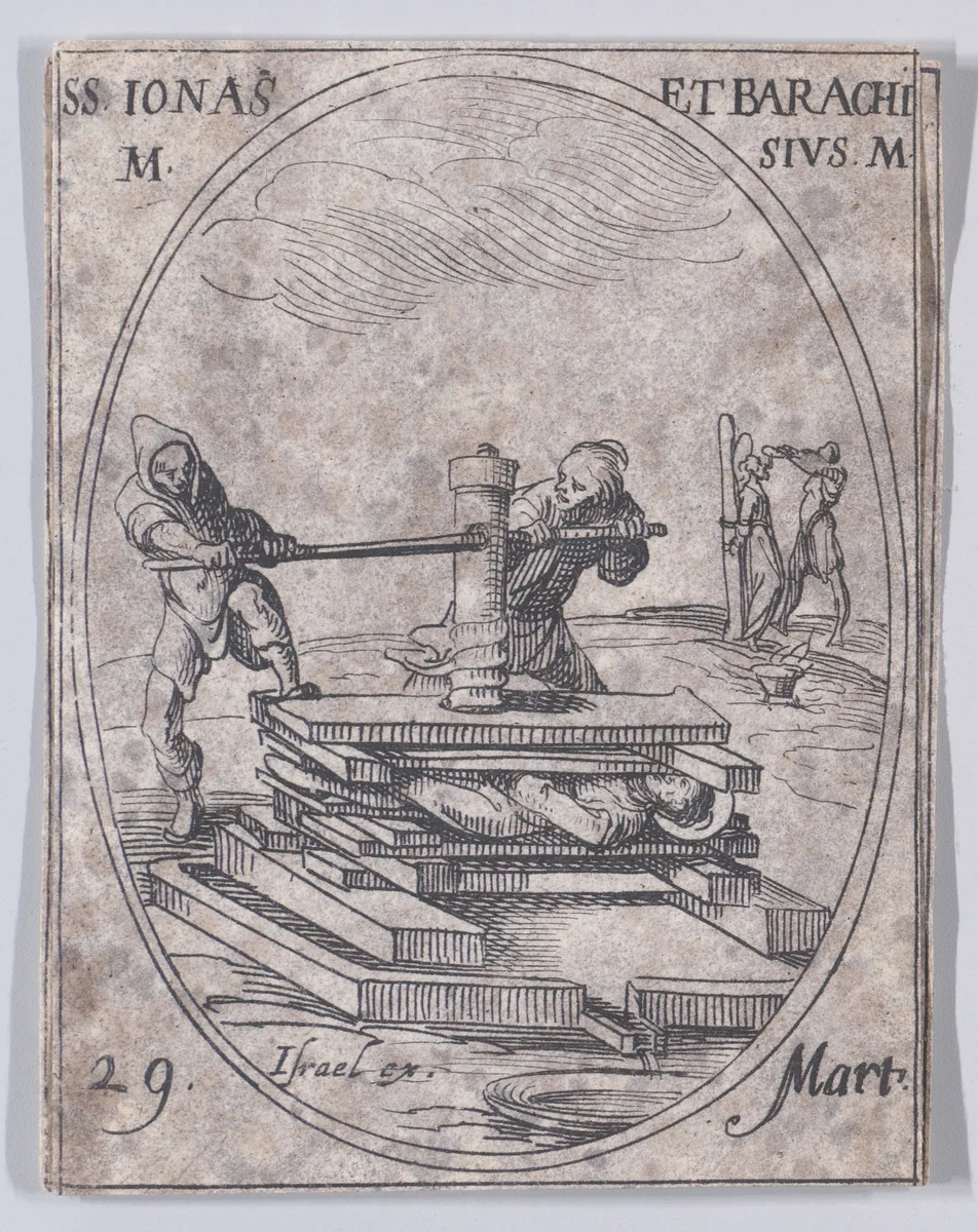 S. Jonas et S. Barchise (St. Jonas and St. Barachisius), March 29th, from "Les Images De Tous Les Saincts et Saintes de L'Année" (Images of All of the Saints and Religious Events of the Year) by Jacques Callot, print, 1636