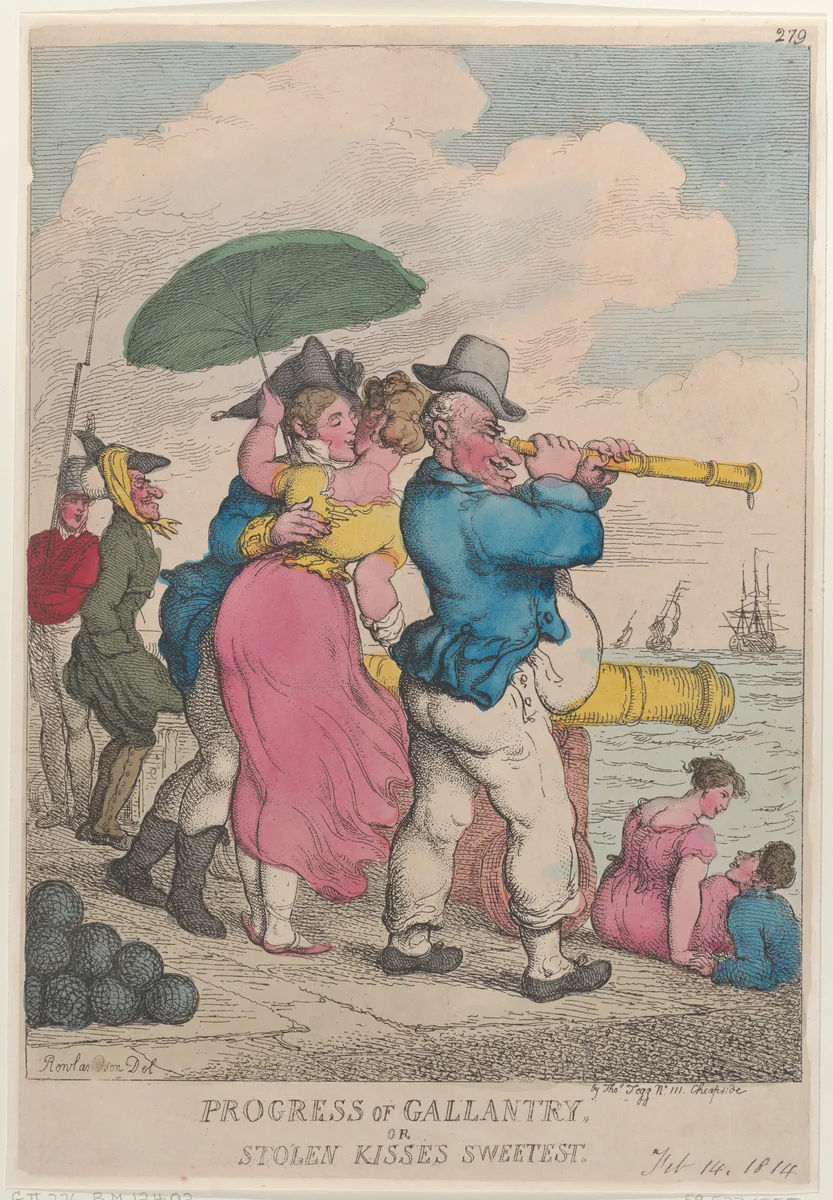 Progress of Gallantry or Stolen Kisses Sweetest by Thomas Rowlandson, print, 1814