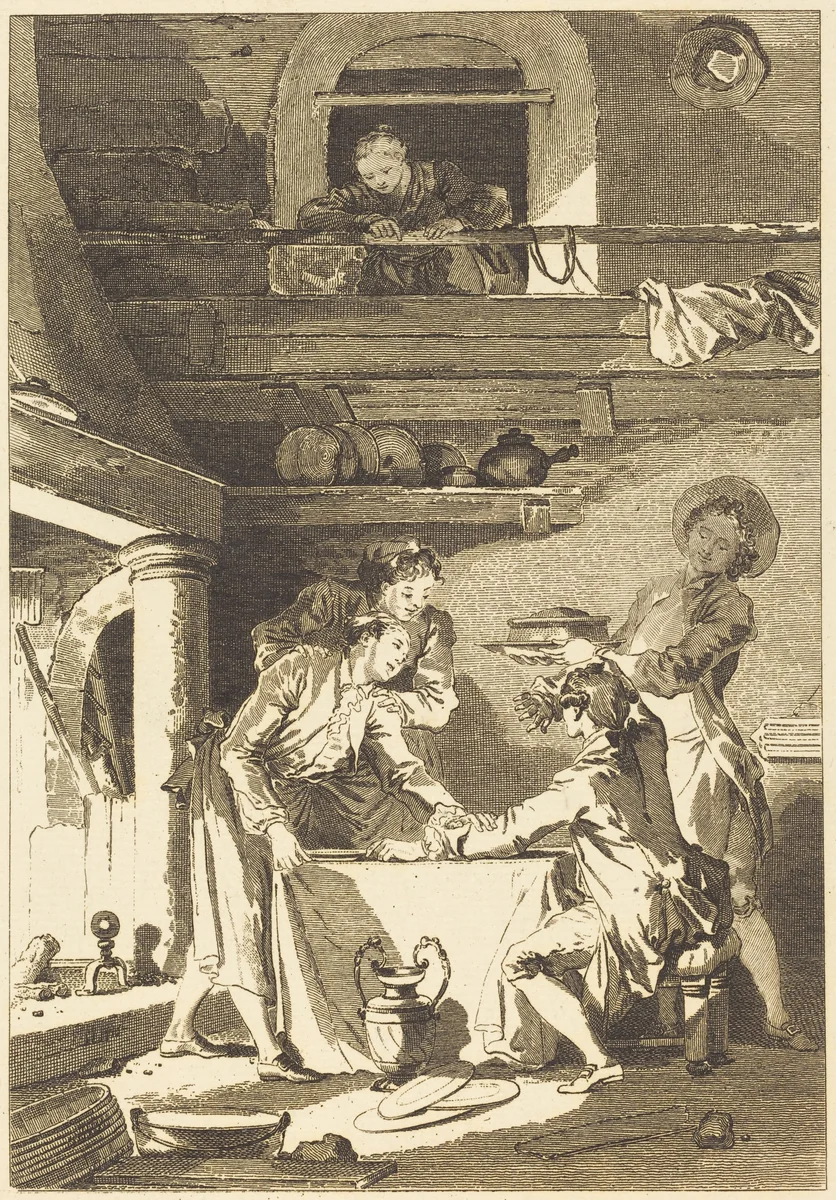 Le pate d'anguilles by Charles Emmanuel Patas; Jean Honoré Fragonard, print, 1744-1802